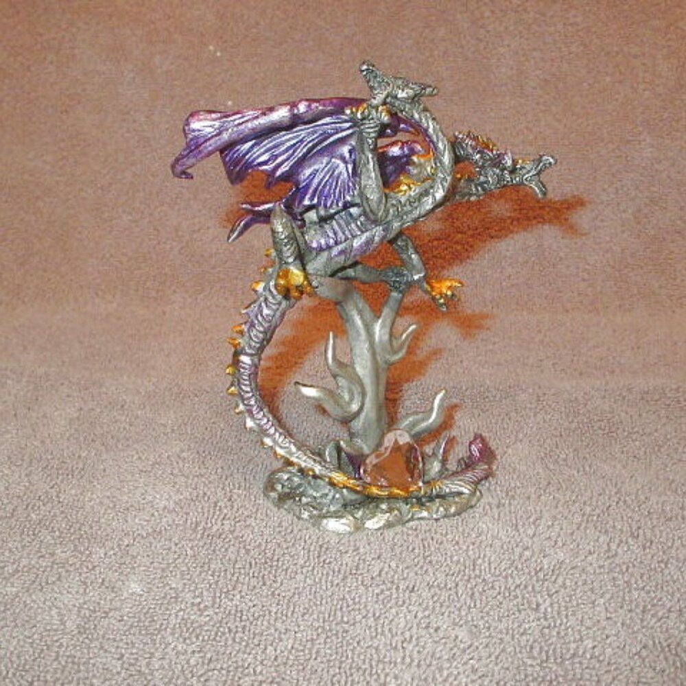 Pewter 2 Headed Dragon Serpent Figurine Iridescent Crystal Heart Winged Fantasy